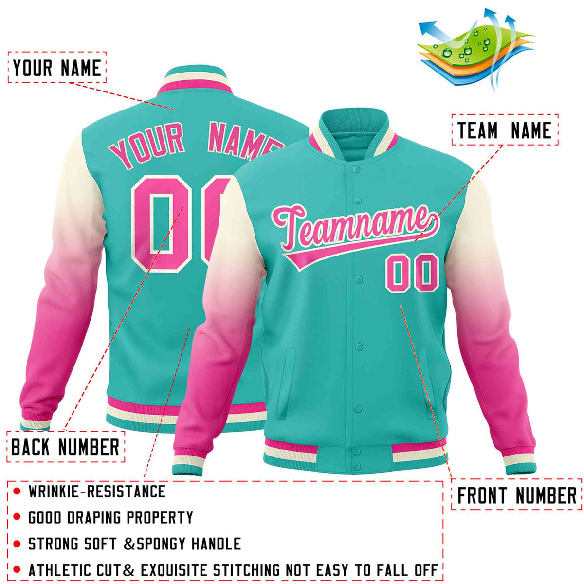 Custom Bright Green Pink Cream Full-Snap Varsity Raglan Sleeves Gradient Letterman Jacket| KXKSHOP