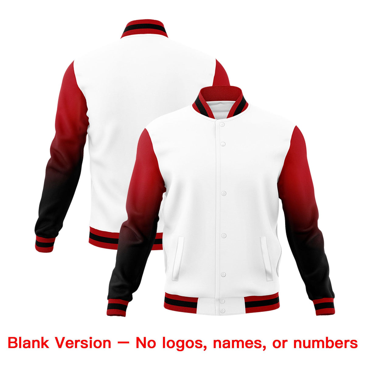 Custom White Black Red Full-Snap Varsity Raglan Sleeves Gradient Letterman Jacket