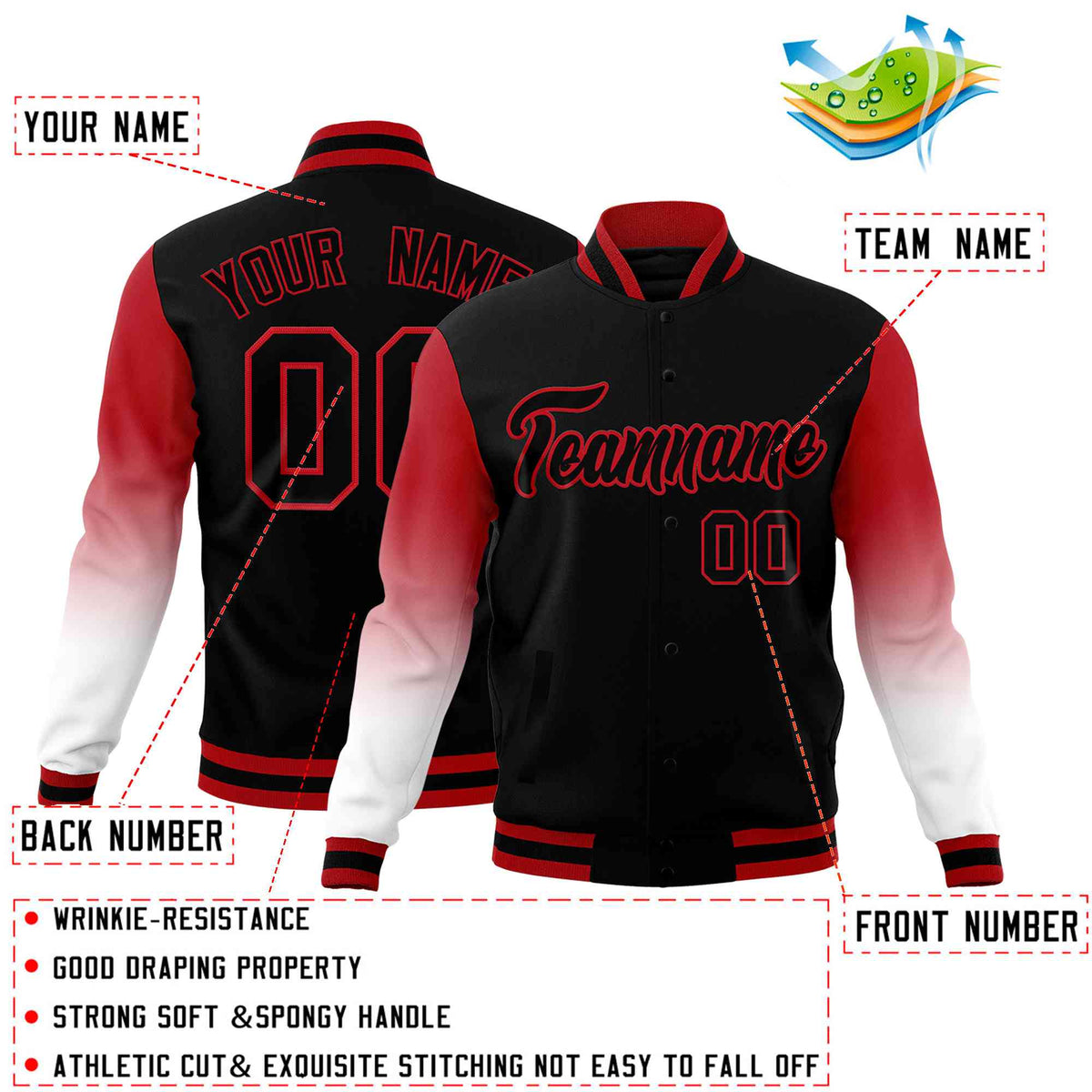Custom Black White Red Full-Snap Varsity Raglan Sleeves Gradient Letterman Jacket