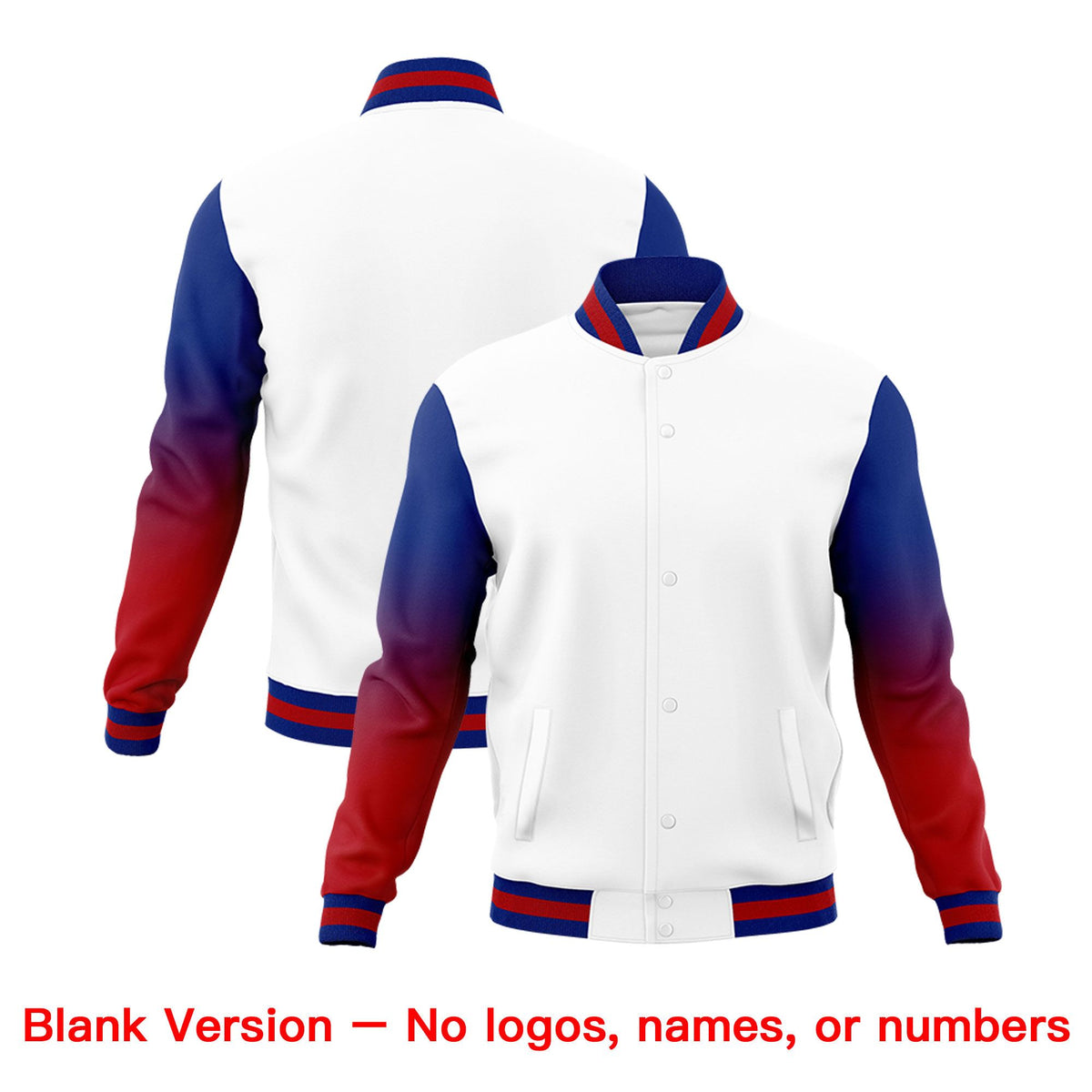 Custom White Royal Blue Red Full-Snap Varsity Raglan Sleeves Gradient Letterman Jacket