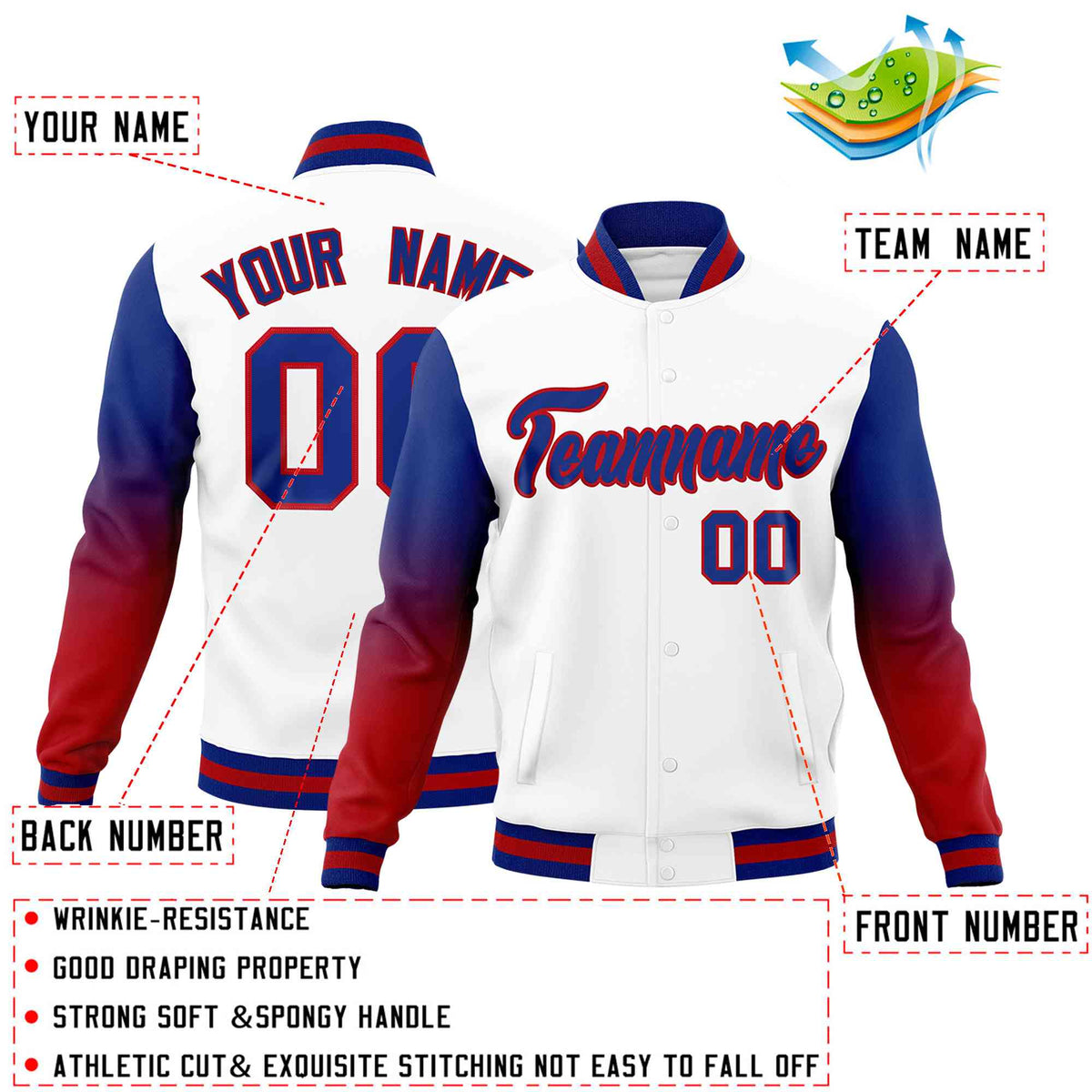 Custom White Royal Blue Red Full-Snap Varsity Raglan Sleeves Gradient Letterman Jacket