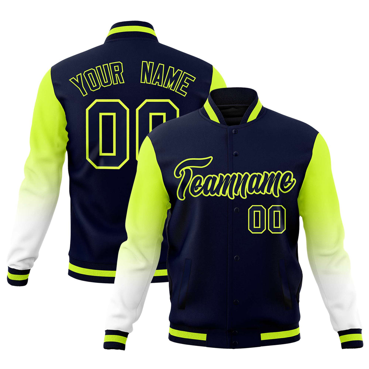 Custom Navy White Neon Green Full-Snap Varsity Raglan Sleeves Gradient Letterman Jacket