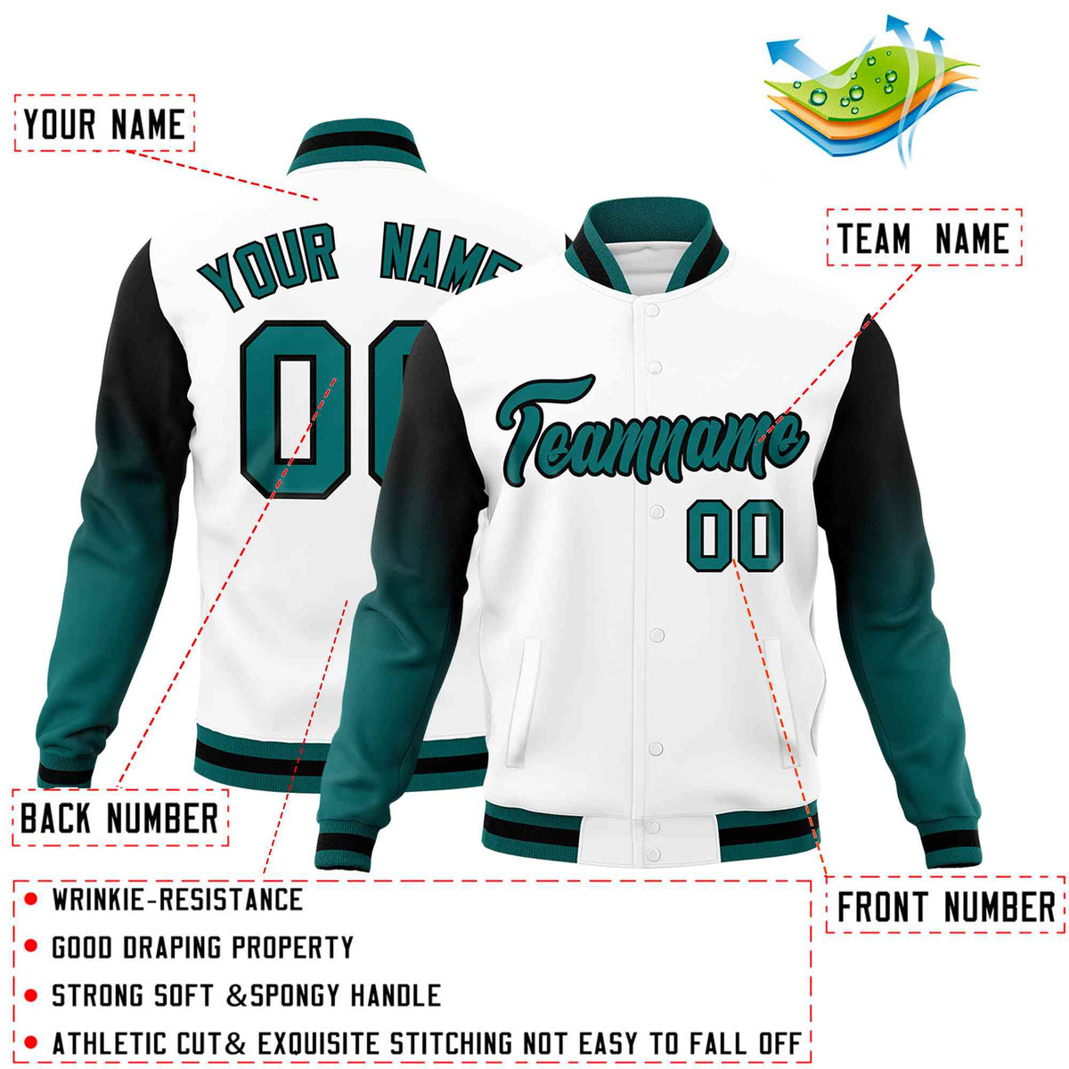 Custom White Teal Black Full-Snap Varsity Raglan Sleeves Gradient Letterman Jacket