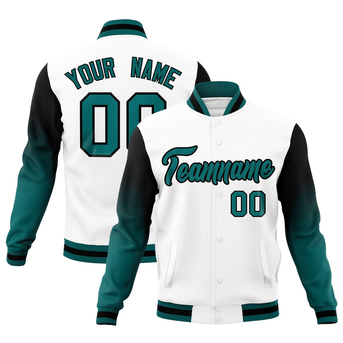 Custom White Teal Black Full-Snap Varsity Raglan Sleeves Gradient Letterman Jacket