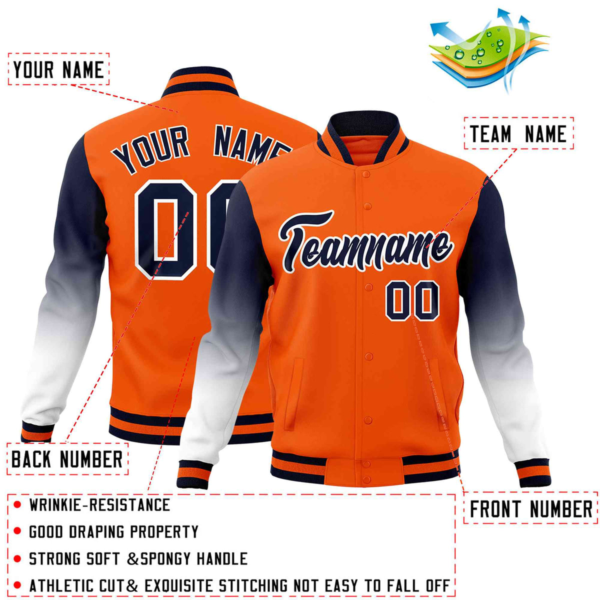 Custom Orange Navy White Full-Snap Varsity Raglan Sleeves Gradient Letterman Jacket