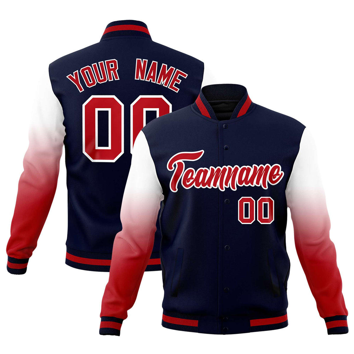 Custom Navy Red White Full-Snap Varsity Raglan Sleeves Gradient Letterman Jacket