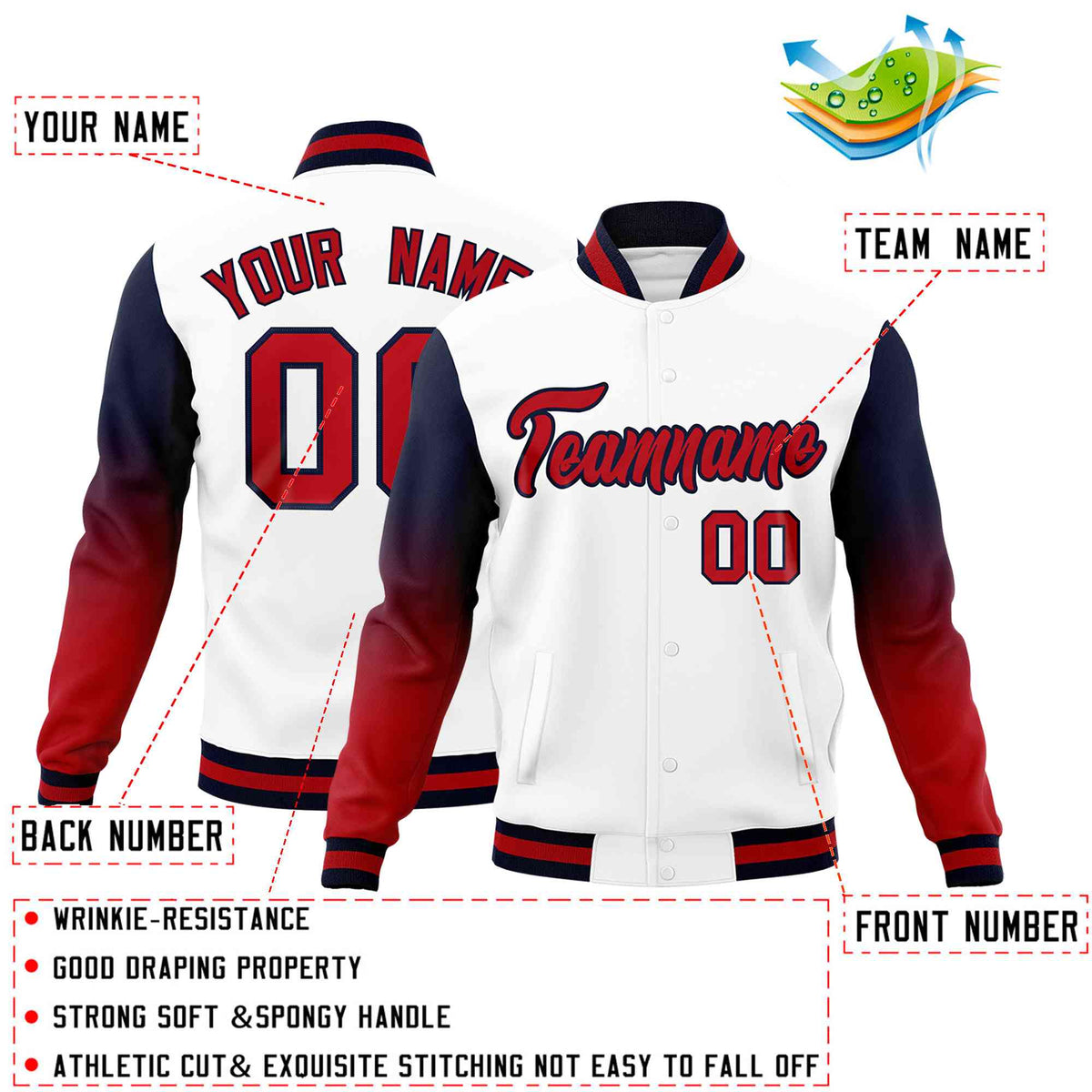 Custom White Red Black Full-Snap Varsity Raglan Sleeves Gradient Letterman Jacket