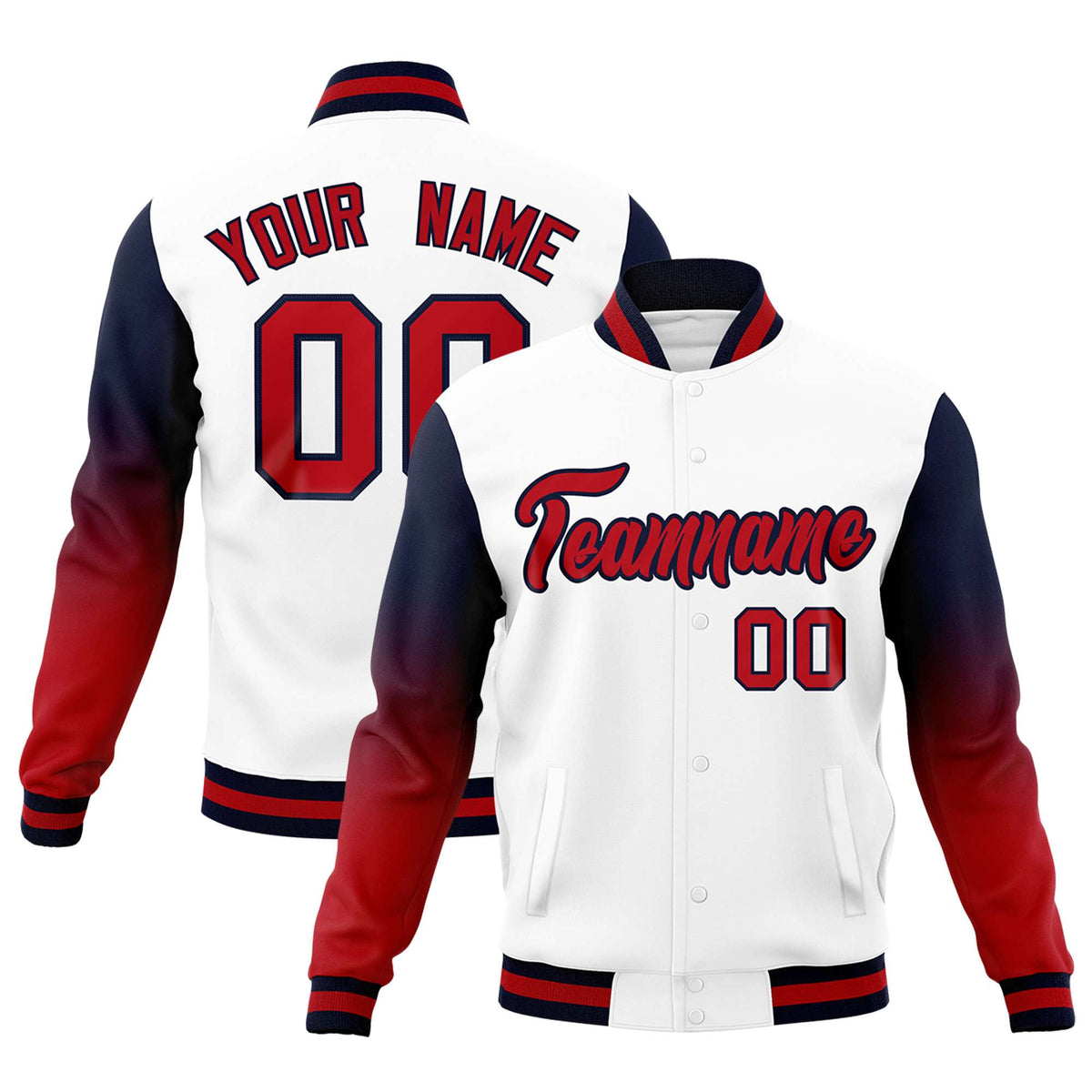 Custom White Red Black Full-Snap Varsity Raglan Sleeves Gradient Letterman Jacket
