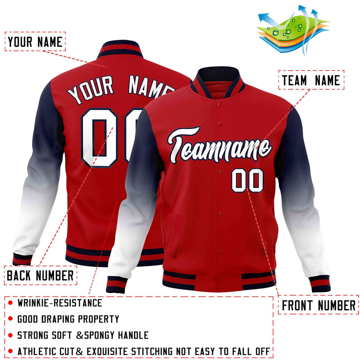 Custom Red White Navy Full-Snap Varsity Raglan Sleeves Gradient Letterman Jacket