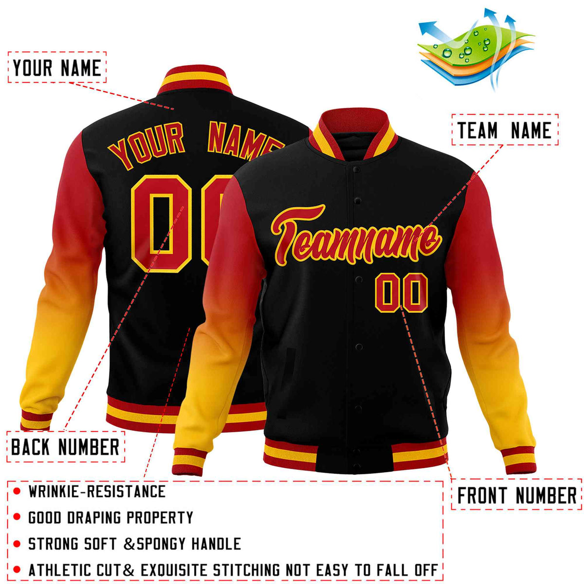 Custom Black Red Gold Full-Snap Varsity Raglan Sleeves Gradient Letterman Jacket