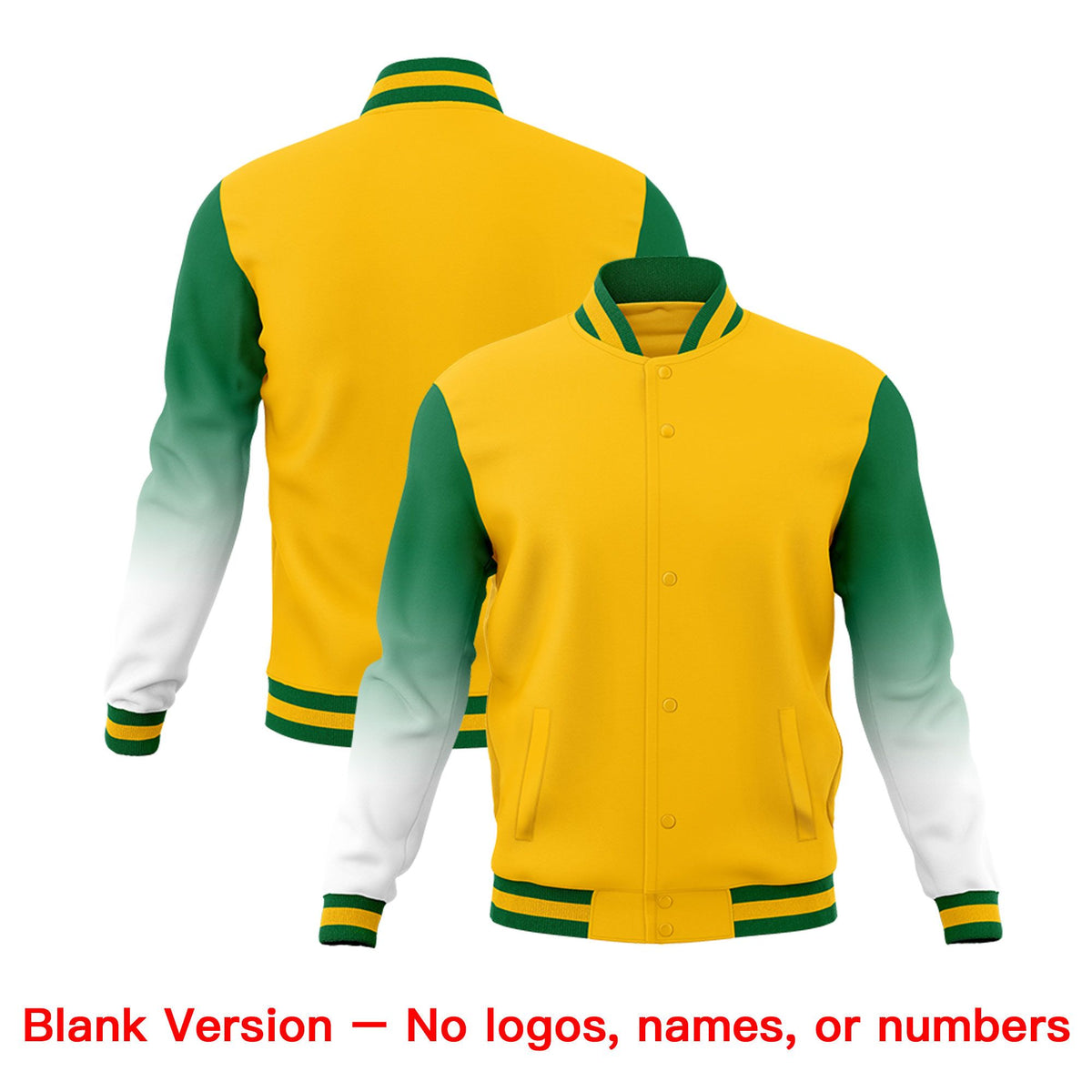 Custom Gold Kelly Green White Full-Snap Varsity Raglan Sleeves Gradient Letterman Jacket