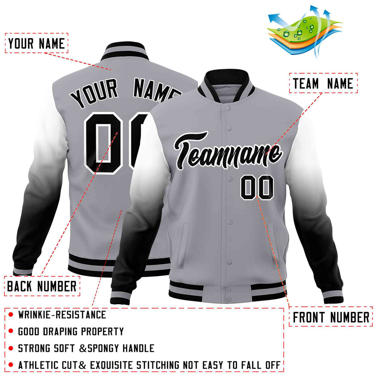 Custom Gray Black White Full-Snap Varsity Raglan Sleeves Gradient Letterman Jacket