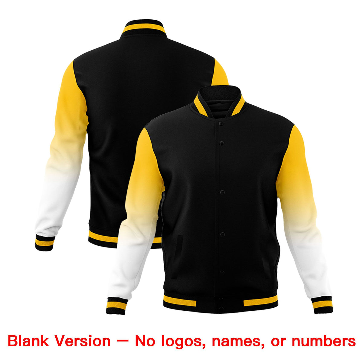 Custom Black Gold White Full-Snap Varsity Raglan Sleeves Gradient Letterman Jacket