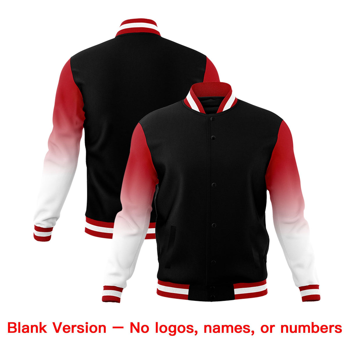 Custom Black White Red Full-Snap Varsity Raglan Sleeves Gradient Letterman Jacket
