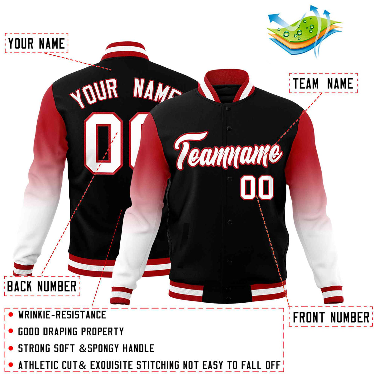 Custom Black White Red Full-Snap Varsity Raglan Sleeves Gradient Letterman Jacket