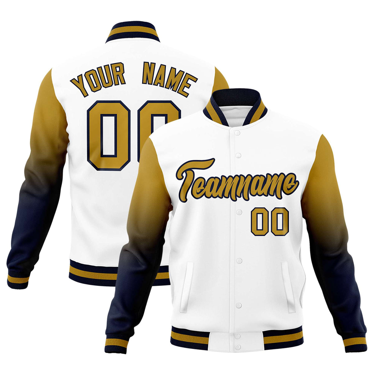 Custom White Old Gold Navy Full-Snap Varsity Raglan Sleeves Gradient Letterman Jacket