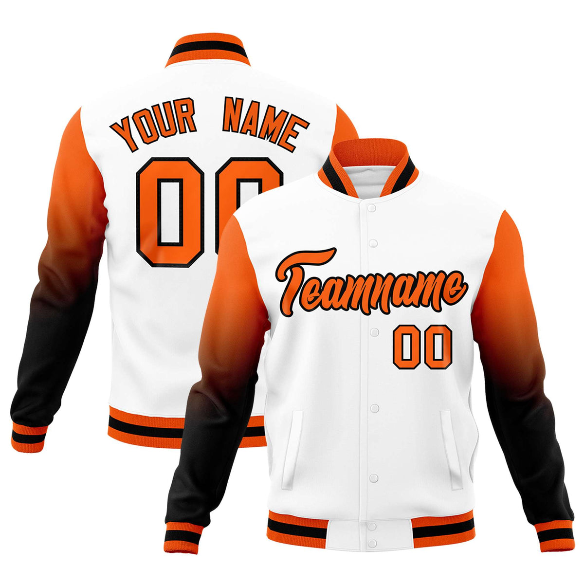 Custom White Orange Black Full-Snap Varsity Raglan Sleeves Gradient Letterman Jacket