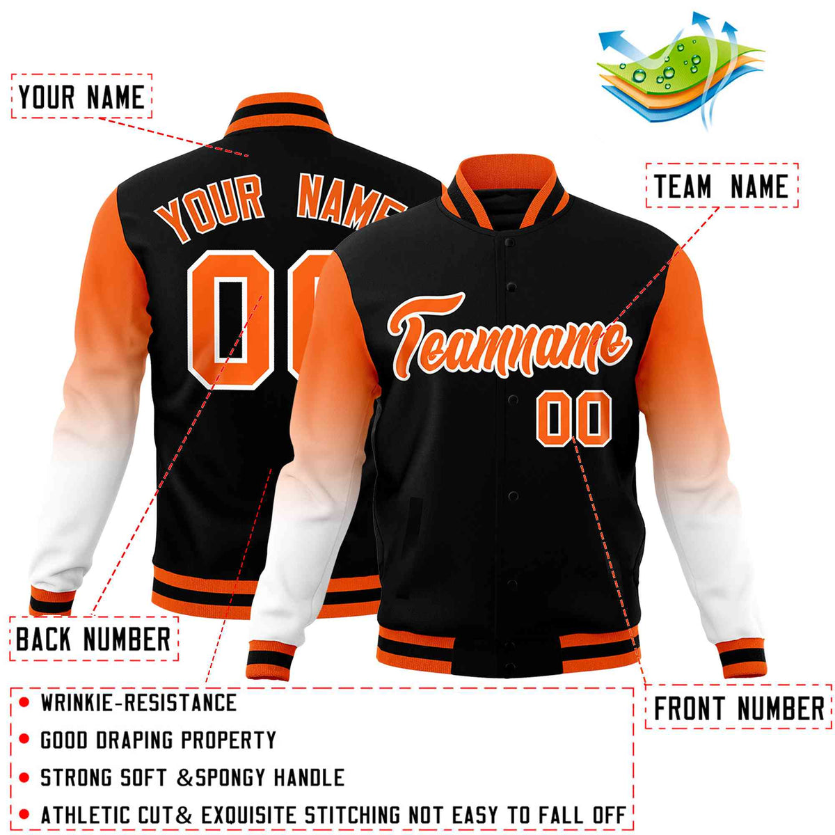 Custom Black Orange White Full-Snap Varsity Raglan Sleeves Gradient Letterman Jacket