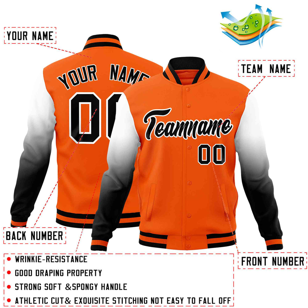 Custom Orange Black White Full-Snap Varsity Raglan Sleeves Gradient Letterman Jacket