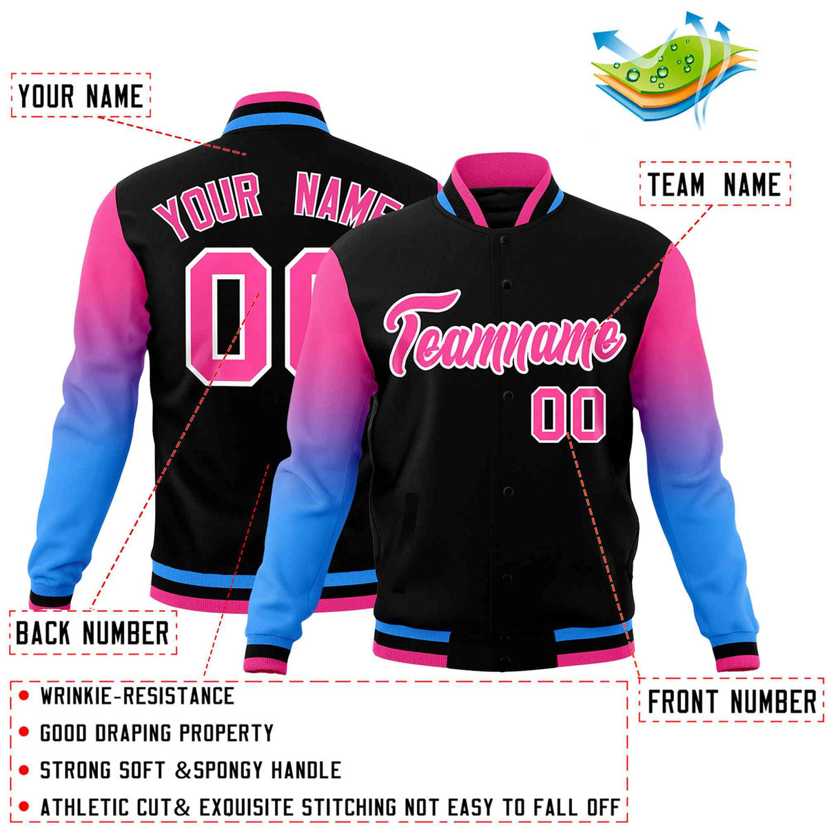 Custom Black Pink White Full-Snap Varsity Raglan Sleeves Gradient Letterman Jacket