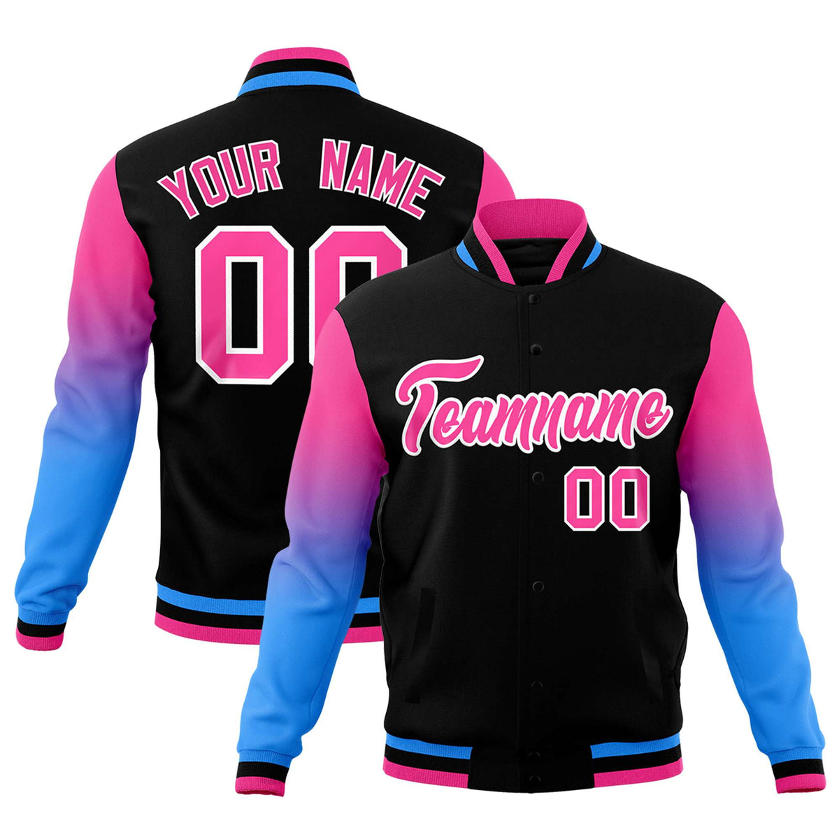 Custom Black Pink White Full-Snap Varsity Raglan Sleeves Gradient Letterman Jacket