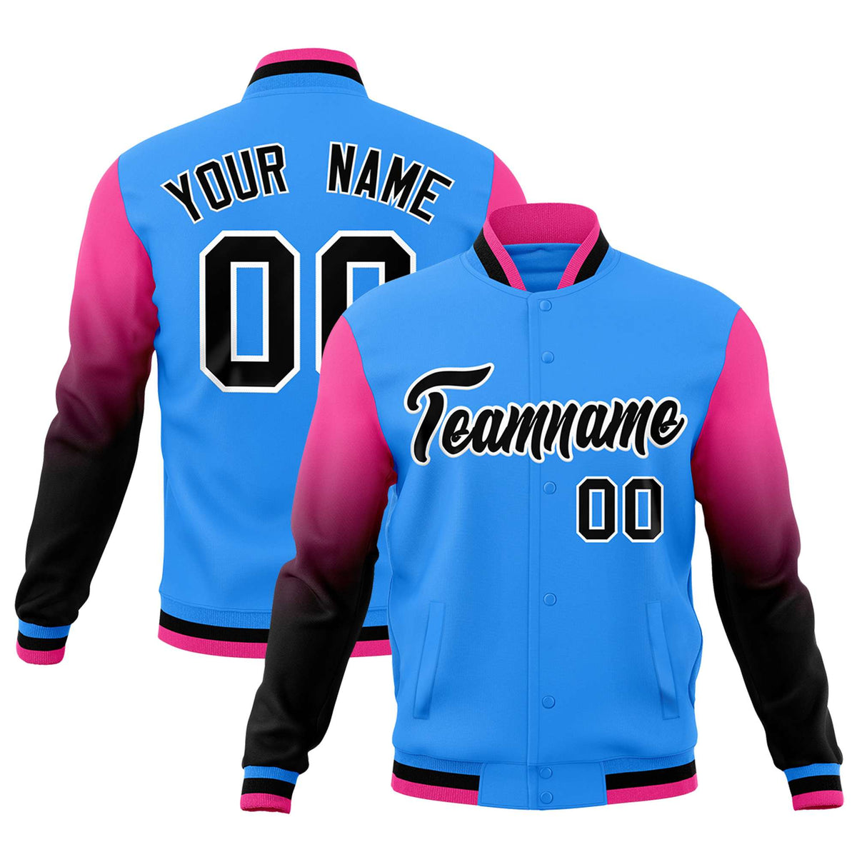 Custom Powder Blue Black White Full-Snap Varsity Raglan Sleeves Gradient Letterman Jacket