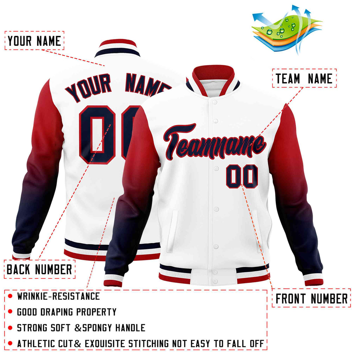 Custom White Navy Red Full-Snap Varsity Raglan Sleeves Gradient Letterman Jacket