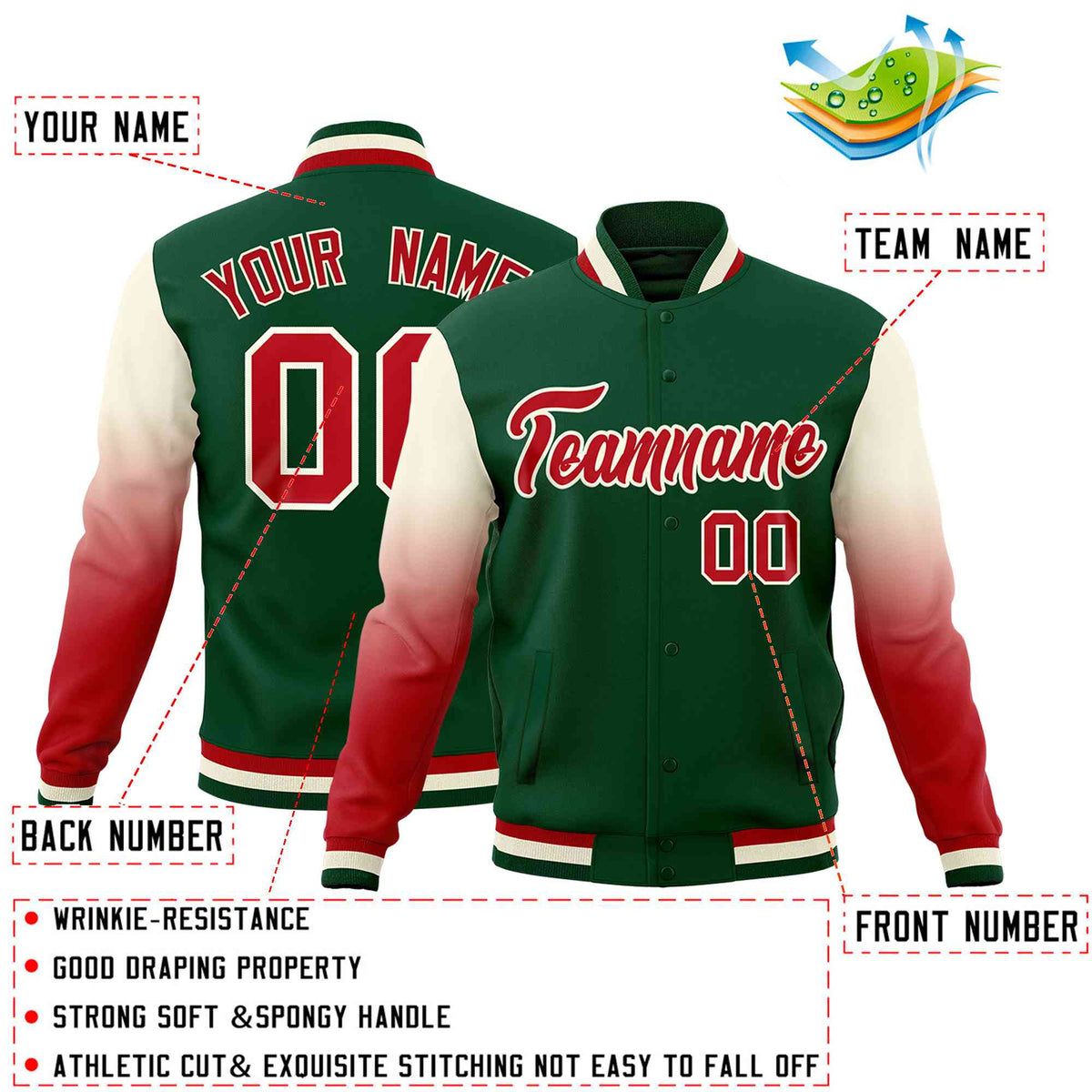 Custom Green Red Cream Full-Snap Varsity Raglan Sleeves Gradient Letterman Jacket