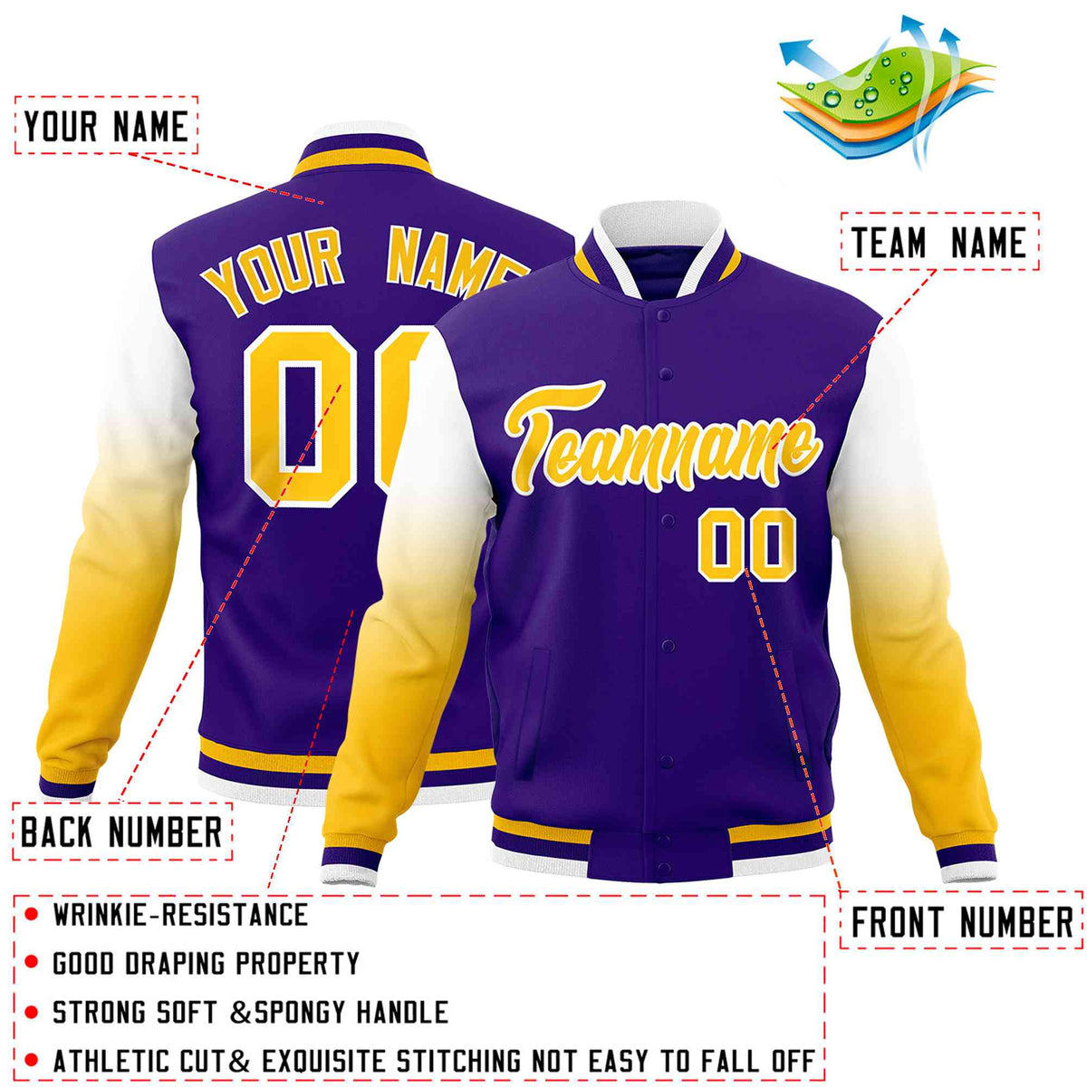 Custom Purple Gold White Full-Snap Varsity Raglan Sleeves Gradient Letterman Jacket