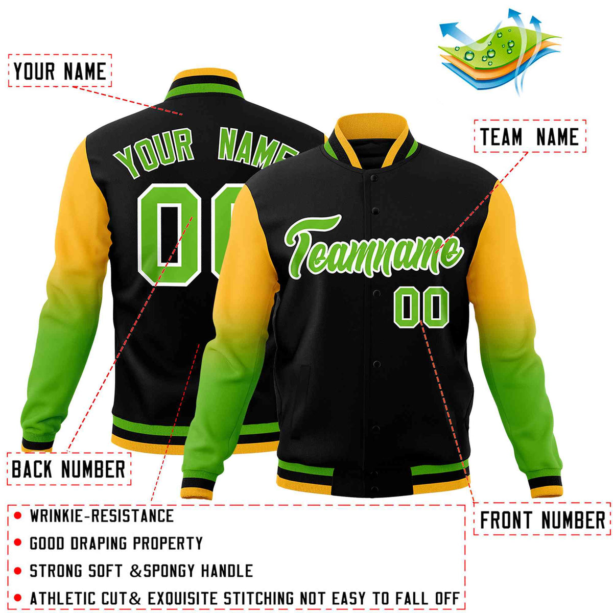 Custom Black Green White Full-Snap Varsity Raglan Sleeves Gradient Letterman Jacket