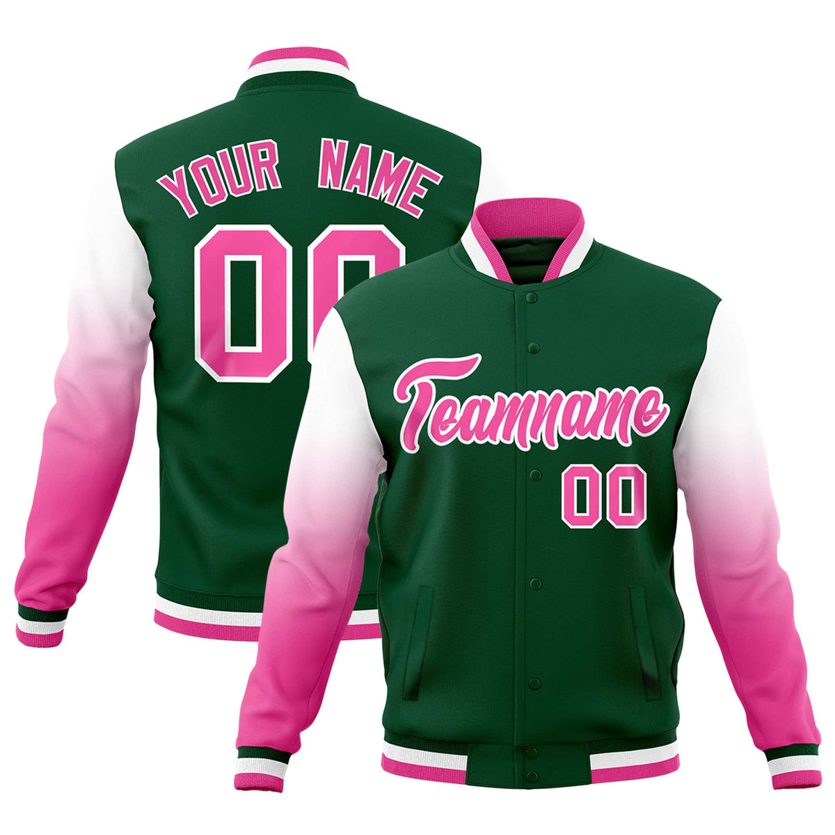 Custom Green Pink White Full-Snap Varsity Raglan Sleeves Gradient Letterman Jacket