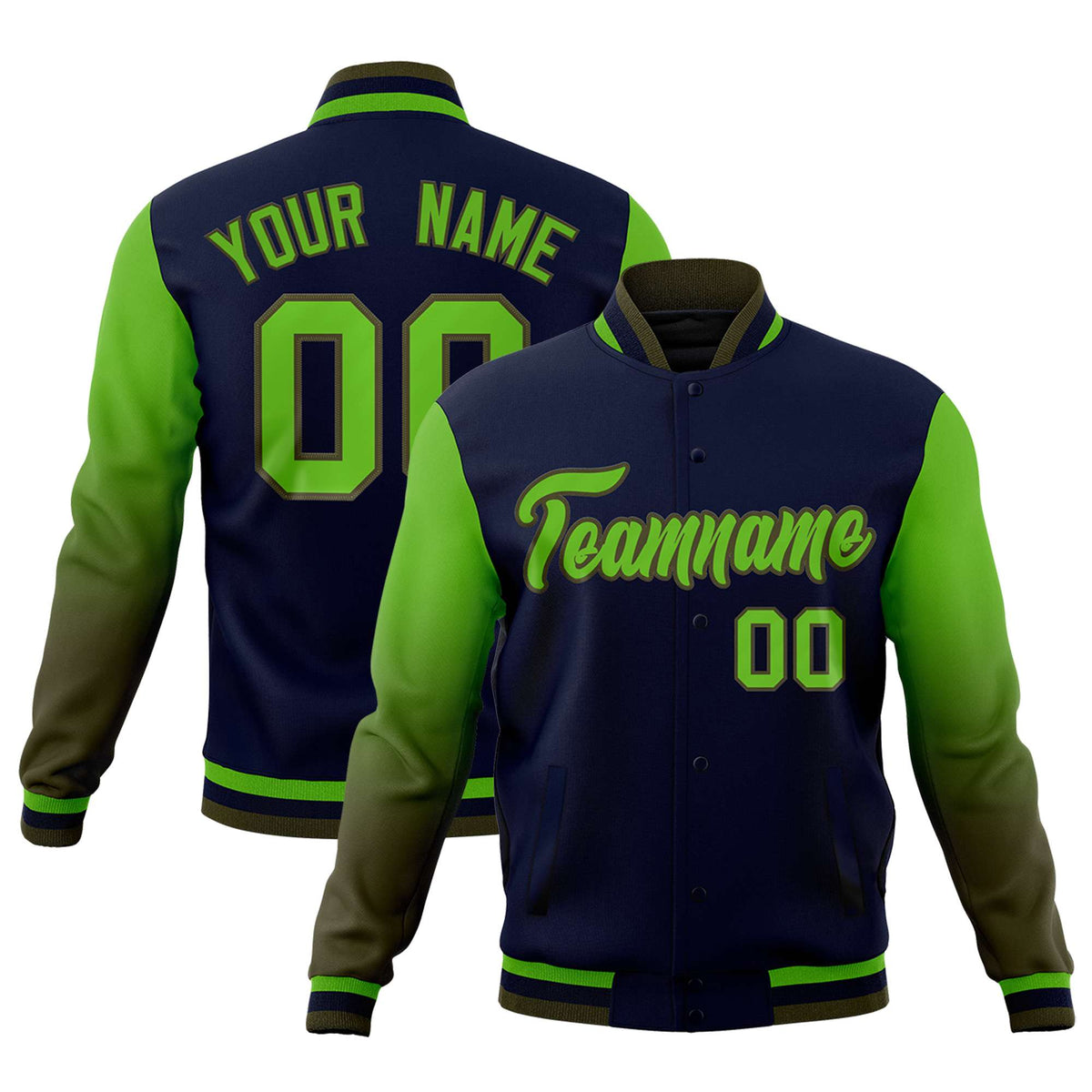 Custom Navy Green Olive Full-Snap Varsity Raglan Sleeves Gradient Letterman Jacket