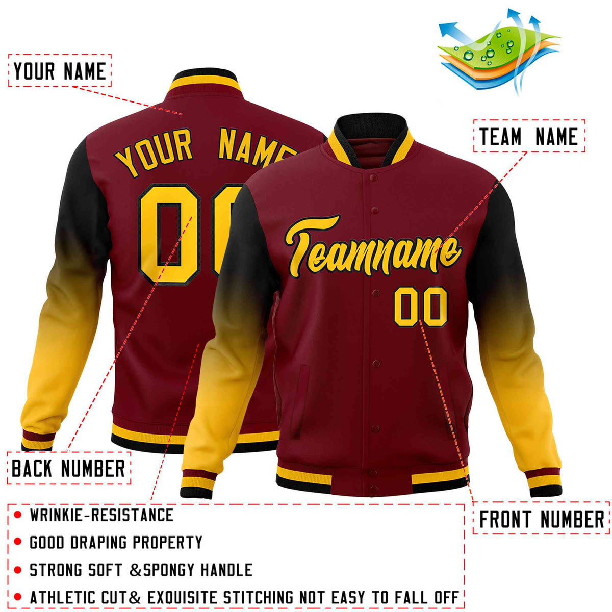 Custom Crimson Gold Black Full-Snap Varsity Raglan Sleeves Gradient Letterman Jacket