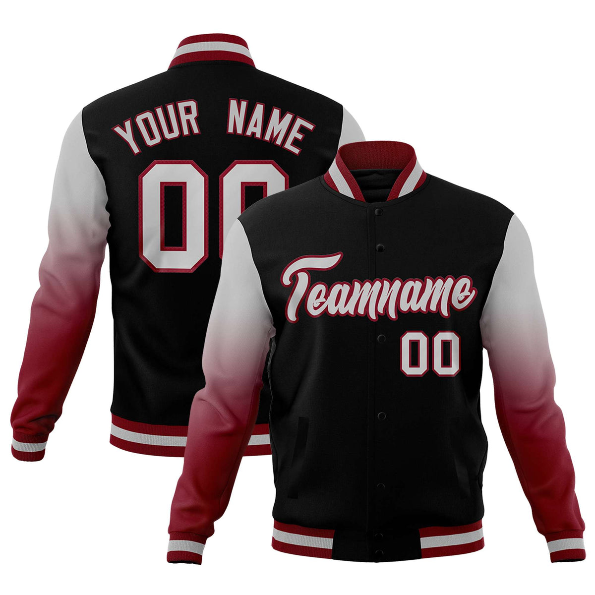 Custom Black Gray Crimson Full-Snap Varsity Raglan Sleeves Gradient Letterman Jacket