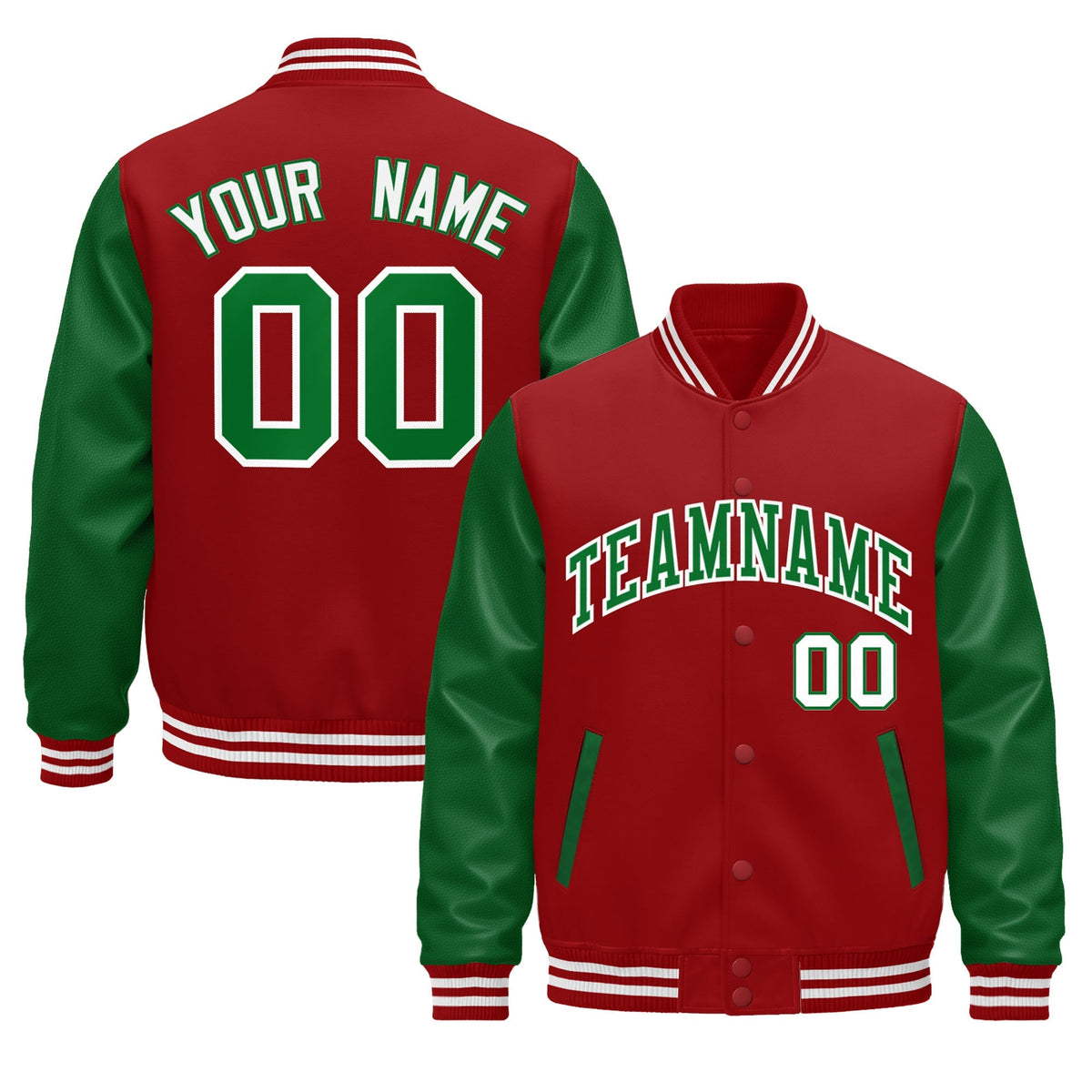Custom Cream Kelly Green Red Raglan Sleeves Varsity Full-Snap Leather Sleeves Letterman Jacket| KXKSHOP