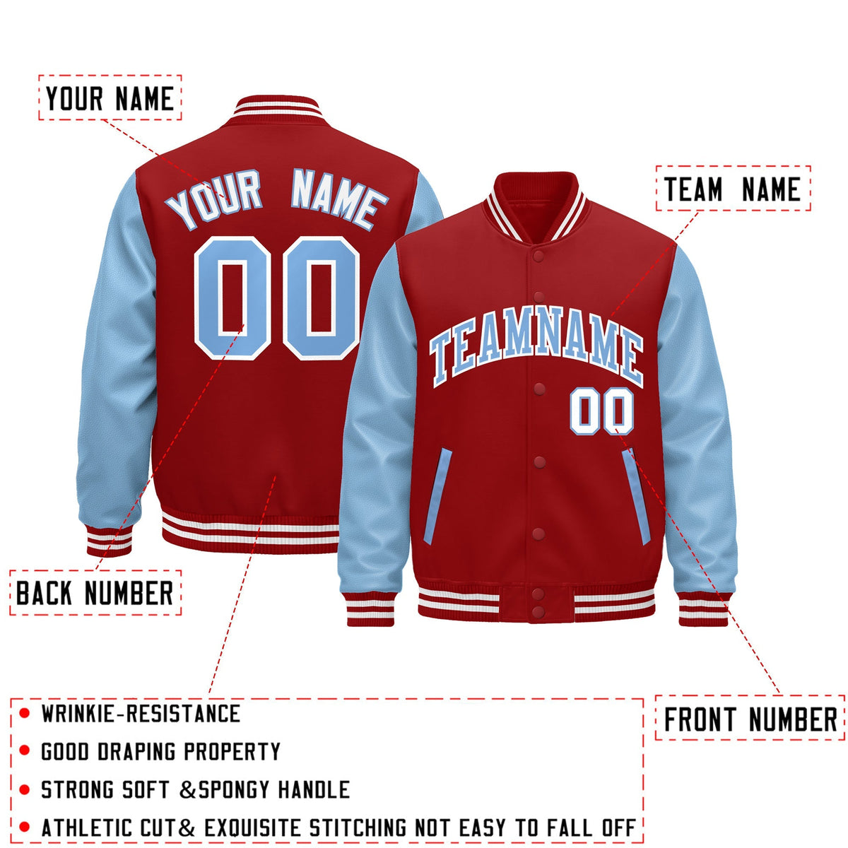 Custom Cream Light Blue Red Raglan Sleeves Varsity Full-Snap Leather Sleeves Letterman Jacket| KXKSHOP