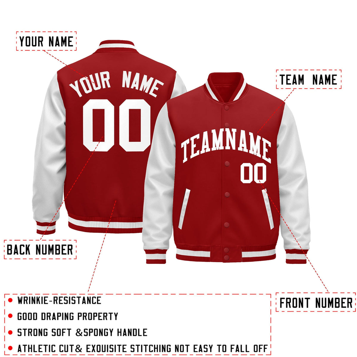 Custom Red White Raglan Sleeves Varsity Full-Snap Leather Sleeves Letterman Jacket| KXKSHOP