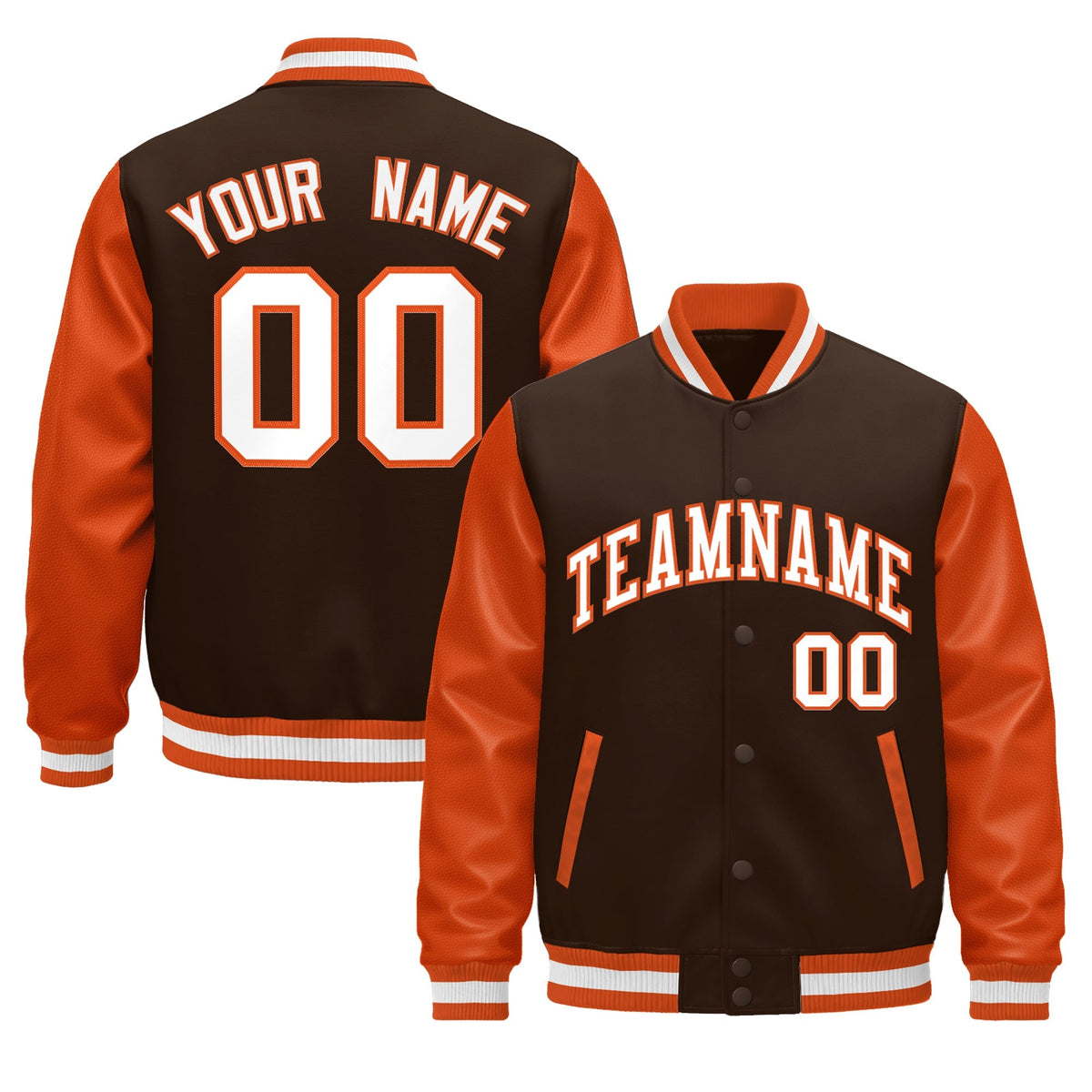 Custom Orange Brown White Raglan Sleeves Varsity Full-Snap Leather Sleeves Letterman Jacket| KXKSHOP