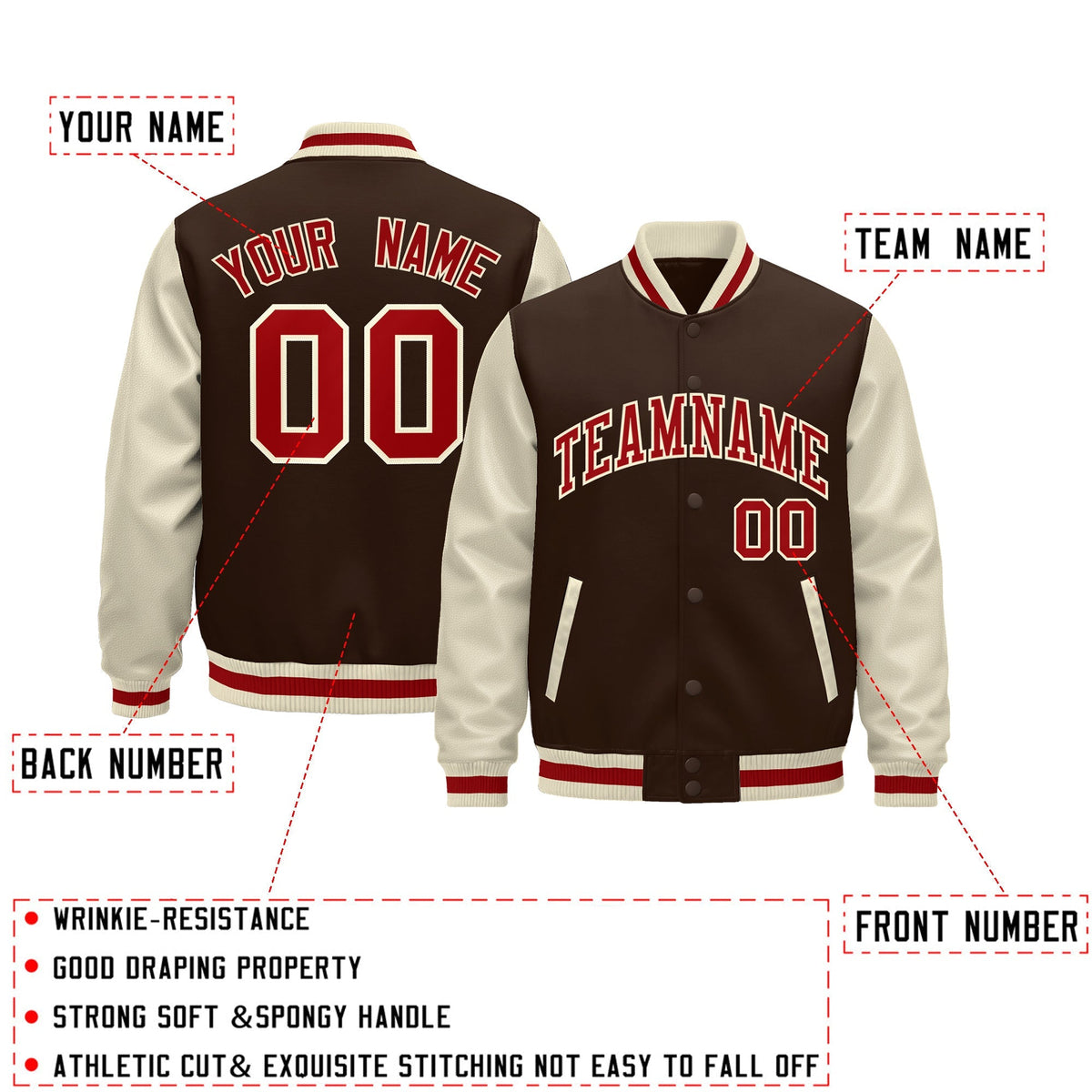Custom Cream Brown Red Raglan Sleeves Varsity Full-Snap Leather Sleeves Letterman Jacket| KXKSHOP