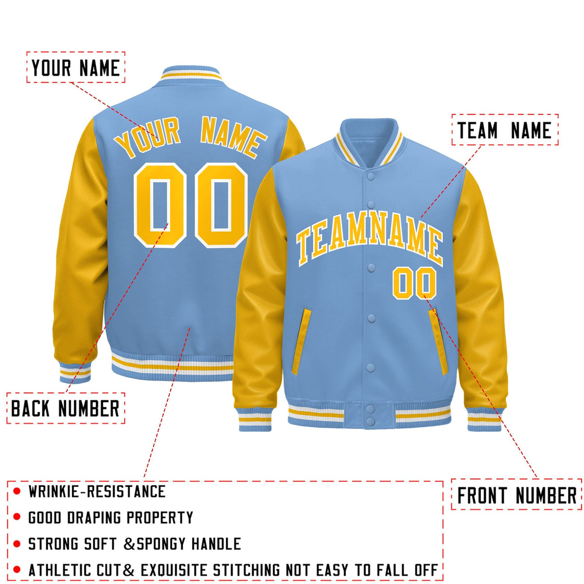 Custom Light Blue White Gold Raglan Sleeves Varsity Full-Snap Leather Sleeves Letterman Jacket| KXKSHOP