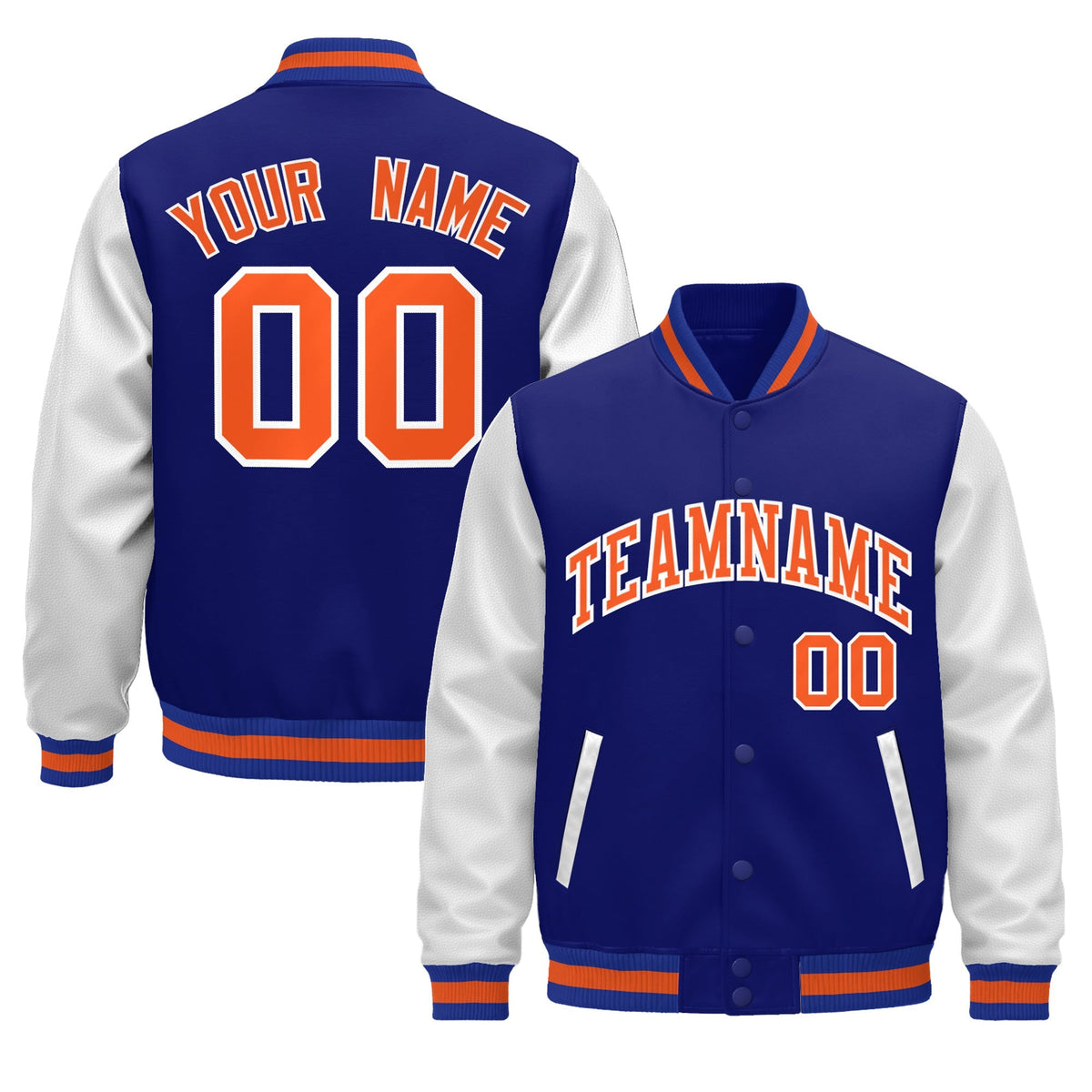 Custom Royal Blue White Orange Raglan Sleeves Varsity Full-Snap Leather Sleeves Letterman Jacket| KXKSHOP