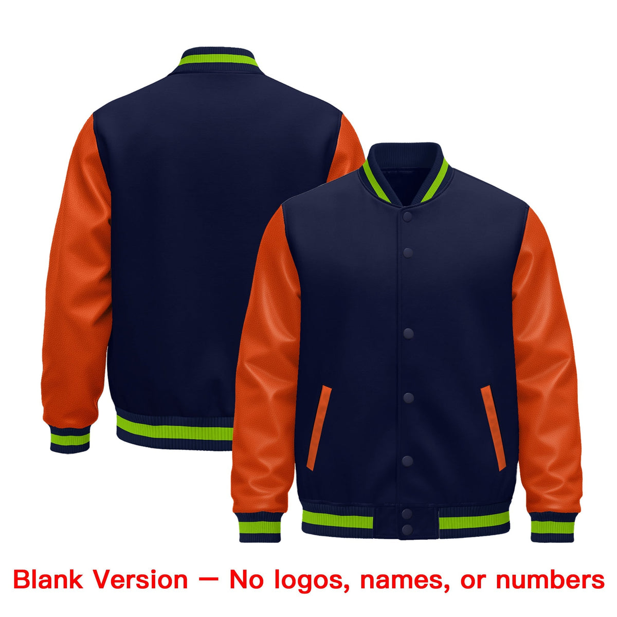 Custom Navy Orange Neon Green Raglan Sleeves Varsity Full-Snap Leather Sleeves Letterman Jacket| KXKSHOP