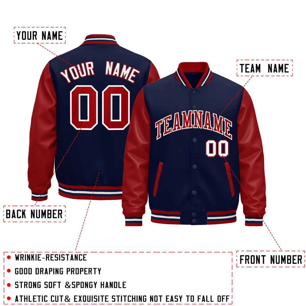 Custom Red Navy White Raglan Sleeves Varsity Full-Snap Leather Sleeves Letterman Jacket| KXKSHOP