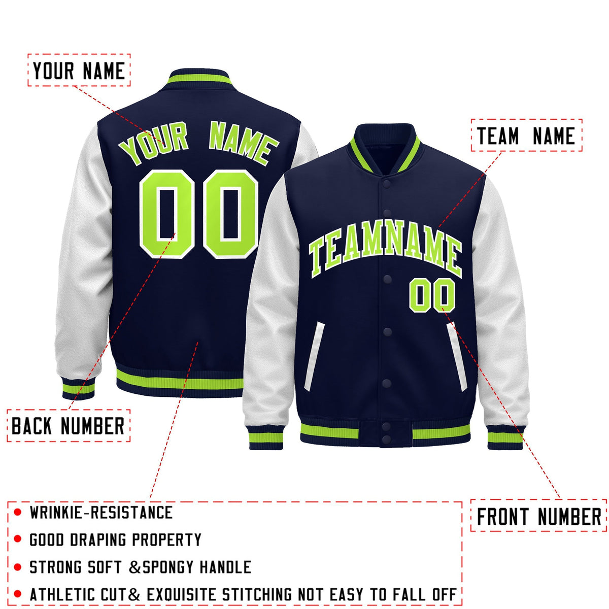 Custom Navy White Neon Green Raglan Sleeves Varsity Full-Snap Leather Sleeves Letterman Jacket| KXKSHOP