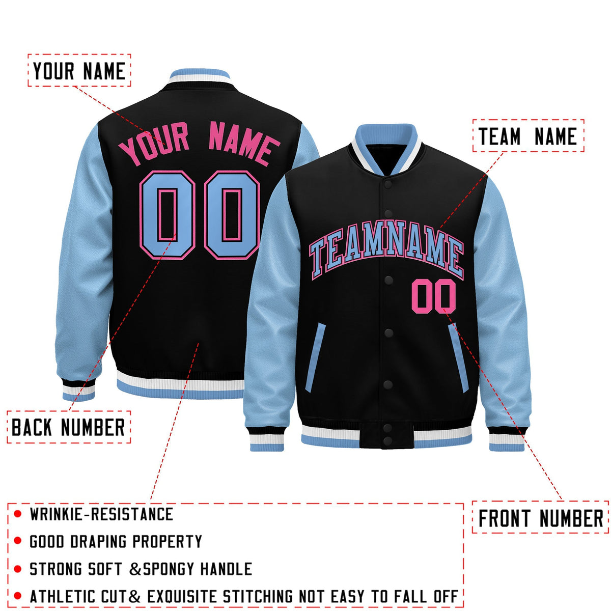 Custom Black Light Blue White Rose Red Raglan Sleeves Varsity Full-Snap Leather Sleeves Letterman Jacket| KXKSHOP