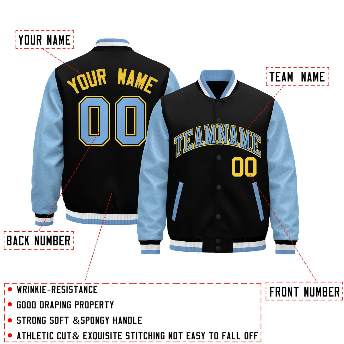 Custom Black Light Blue White Raglan Sleeves Varsity Full-Snap Leather Sleeves Letterman Jacket| KXKSHOP