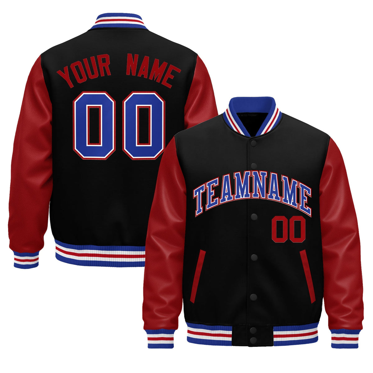Custom Black Red Royal Blue White Raglan Sleeves Varsity Full-Snap Leather Sleeves Letterman Jacket| KXKSHOP