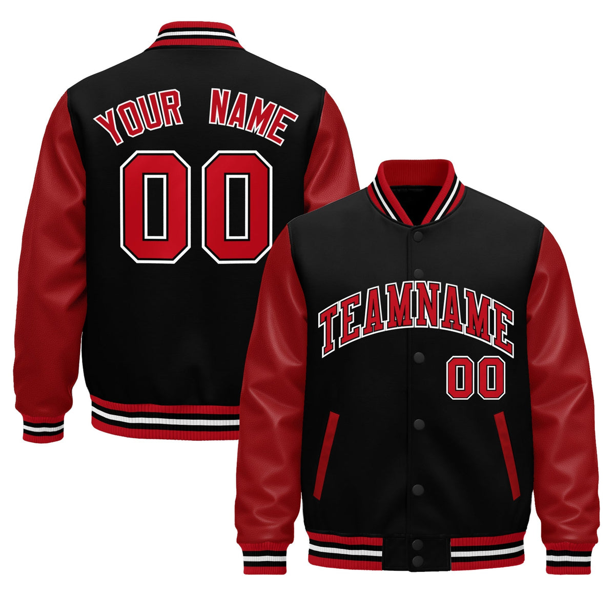 Custom Red Black White Raglan Sleeves Varsity Full-Snap Leather Sleeves Letterman Jacket| KXKSHOP