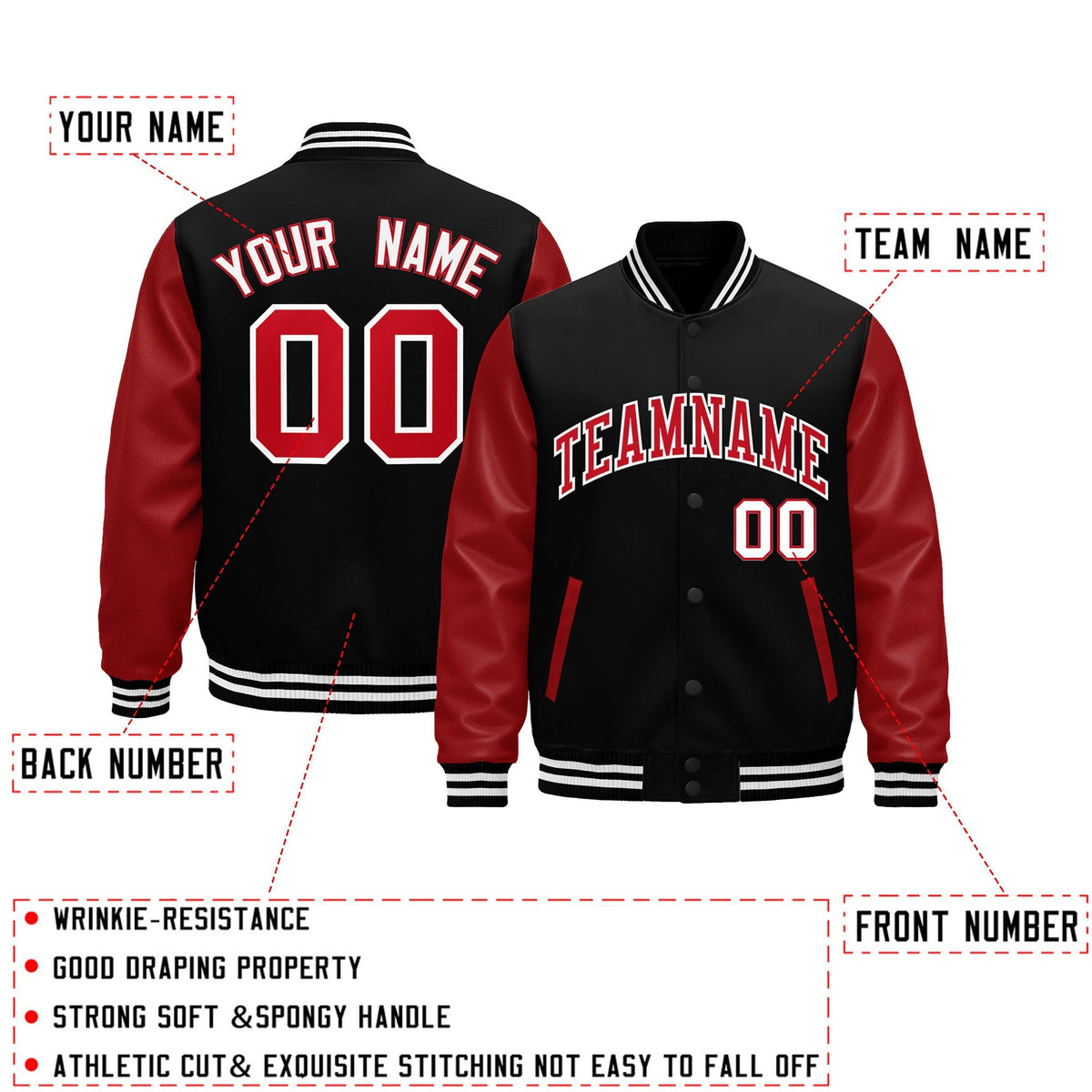 Custom Black White Red Raglan Sleeves Varsity Full-Snap Leather Sleeves Letterman Jacket| KXKSHOP