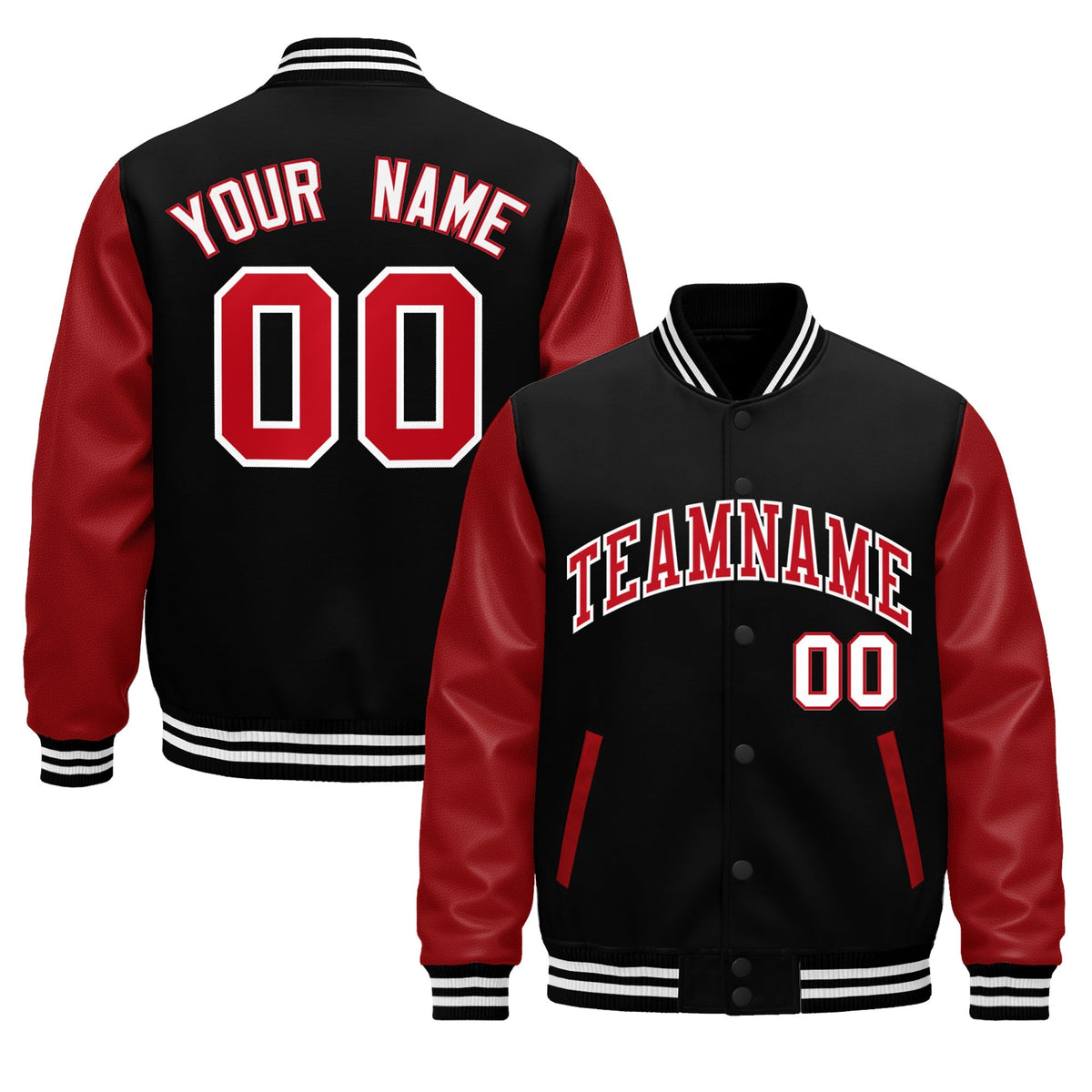 Custom Black White Red Raglan Sleeves Varsity Full-Snap Leather Sleeves Letterman Jacket| KXKSHOP